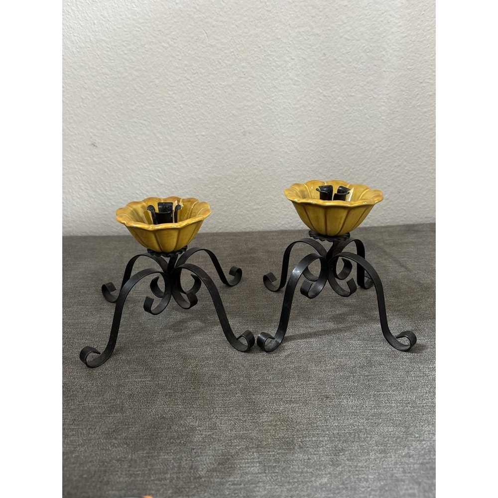 VTG Treasure Craft 2 Candle Holder Black Metal Scroll Yellow Ceramic Floral READ